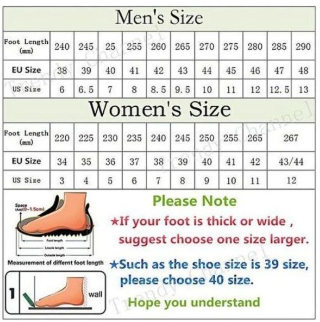 Chart showing shoe sizes for men and women